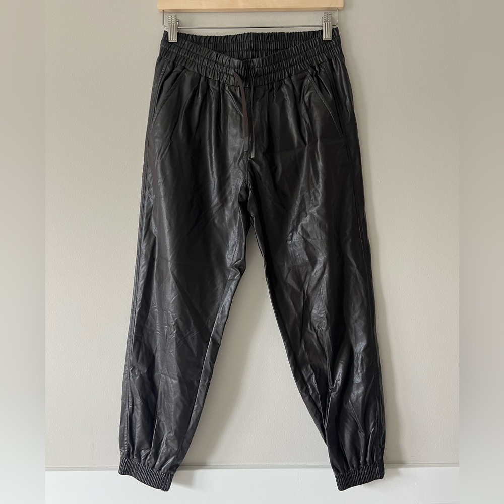 Zara Coffee Brown Faux Leather High Waisted Drawstring Tapered Joggers Size M